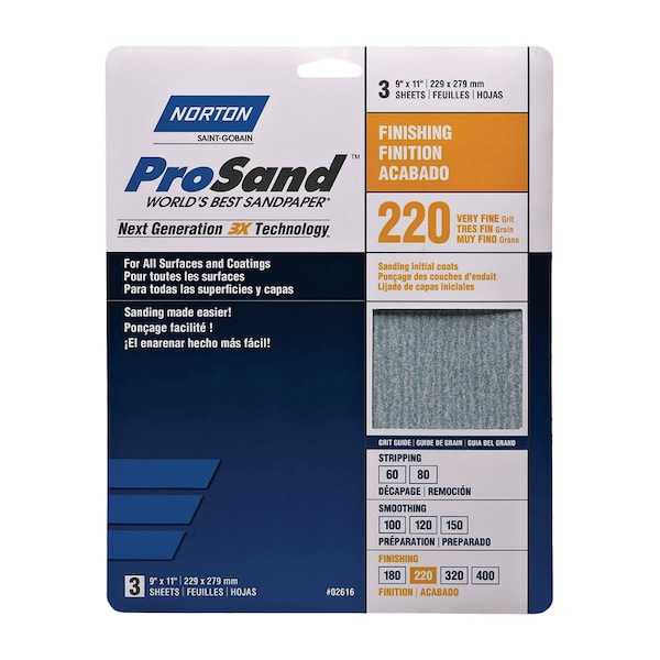 Norton Abrasives Norton ProSand 11 in. L X 9 in. W 220 Grit Aluminum Oxide Sandpaper 3 pk 7660768158 - main